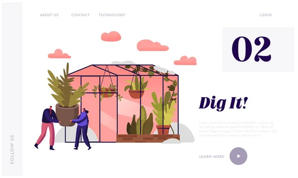 Kleine personages die werken in Winter Garden Landing Page Template. Mensen dragen enorme plant, het planten van bloemen in kas — Stockvector