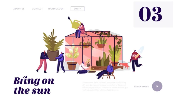 Jardinagem ou Floristic Hobby Landing Page Template. Personagens que trabalham no jardim de inverno Plantar flores em estufa — Vetor de Stock