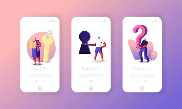 Escape Room Mobile App Page Plantilla de pantalla a bordo. Tiny Characters Paying Quest Juego de resolver rompecabezas Concepto de acertijo — Archivo Imágenes Vectoriales