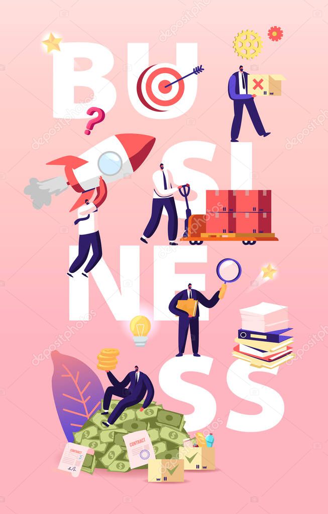 Business Concept. Businessmen Characters Launch Startup, Working with Documents and Earning Big Money, Project and Deals