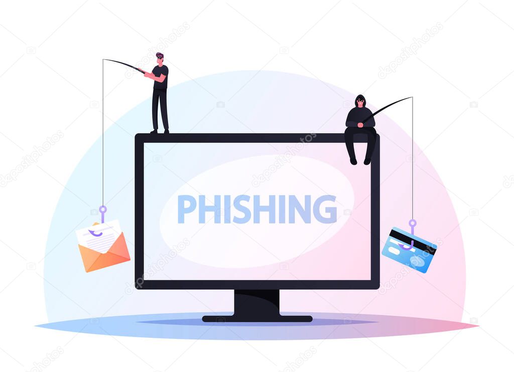 Tiny Hackers Male Characters Sitting on Huge Computer with Rods Phishing via Internet, Email Spoofing, Fishing Messages