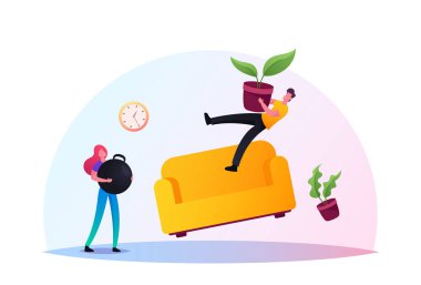 Sıfır Yerçekimi Uçan Mobilyaları, Koltuğu ve Bitkileri olan Erkek ve Kadın Karakterler Oturma Odasında. Aptalı Tutan Kadın