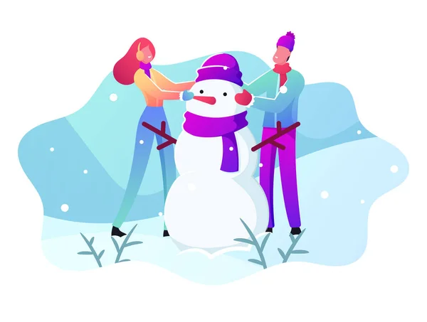 Jeune homme et femme en vêtements chauds faisant bonhomme de neige sur fond de paysage enneigé. Heure d'hiver Vacances en plein air Activité — Image vectorielle