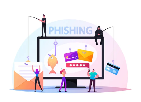 Senha Phishing, Hacker Attack Concept. Hackers roubando dados pessoais. Personagem minúsculo Inserir senha na Internet — Vetor de Stock