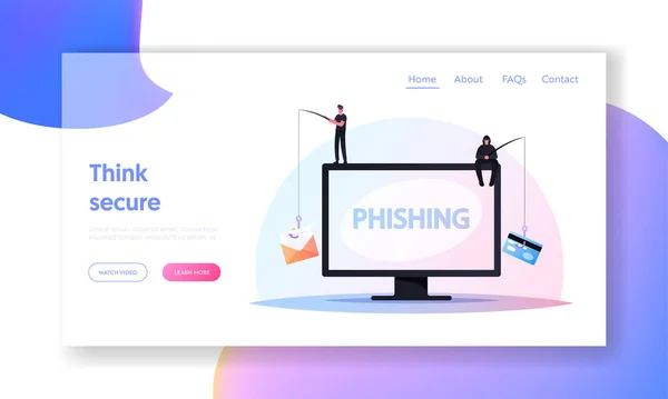 Hacking Kreditní karta Landing Page Template. Malí hackeři sedí na obrovském počítači s tyčemi Phishing osobních údajů — Stockový vektor