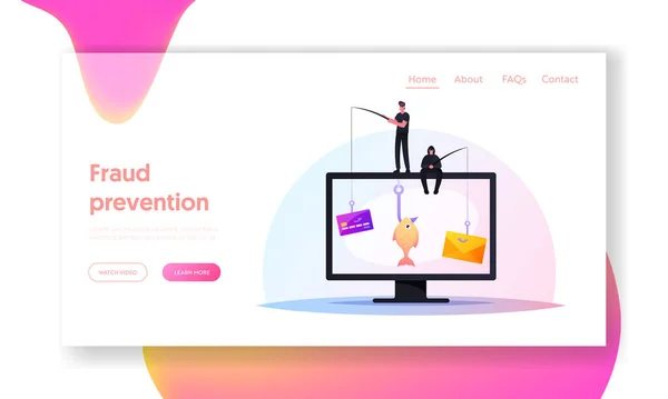 Pequenos Hackers Hacking Cartão de Crédito ou Dados Pessoais Landing Page Template. Personagens masculinos sentam-se no computador enorme com hastes — Vetor de Stock