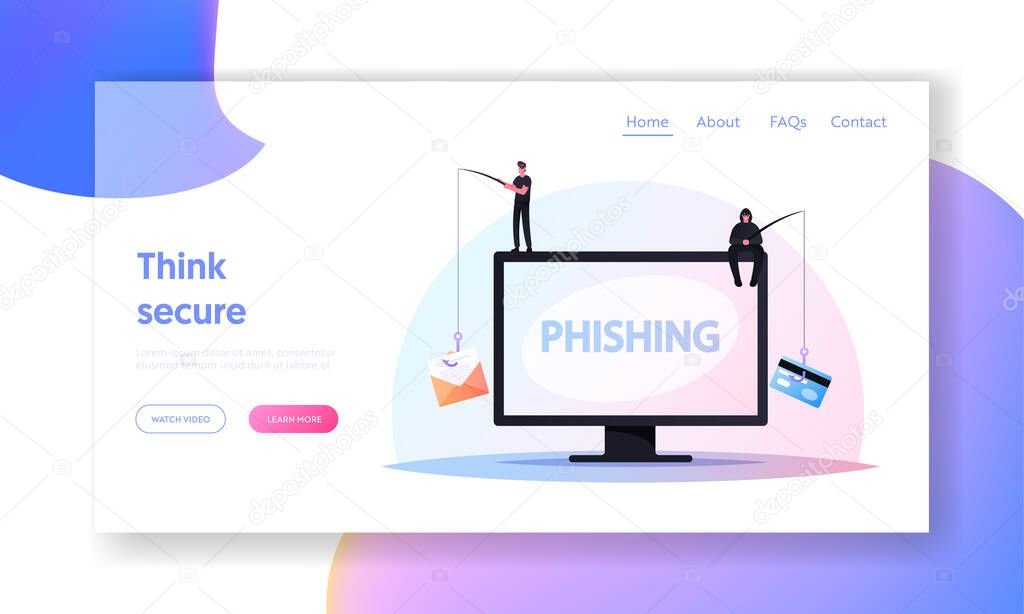 Hacking Credit Card Landing Page Template. Tiny Hackers Sitting on Huge Computer with Rods Phishing Personal Datavia