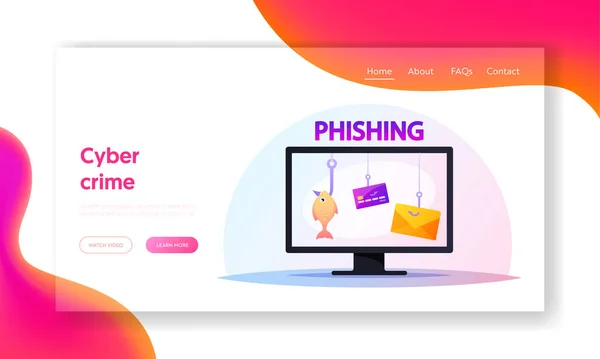 Betrug, Betrug Aktivität Landing Page Template. Computermonitor mit Kreditkarten am Haken, Opfer von Phishing — Stockvektor