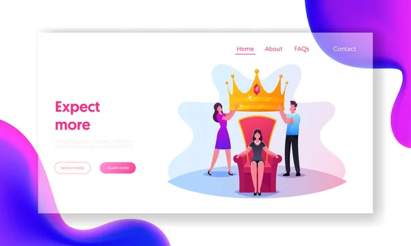 Personen Cult naar populaire Internet Vlogger of Star Landing Page Template. Kleine personages zetten enorme koninklijke kroon op vrouw — Stockvector