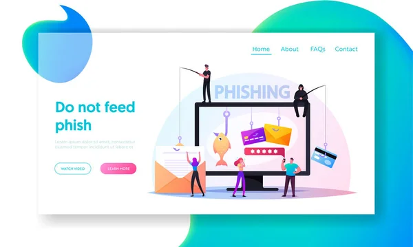 Senha Phishing, Hacker Attack Landing Page Template. Hackers roubando dados pessoais. Personagem Inserir senha online — Vetor de Stock