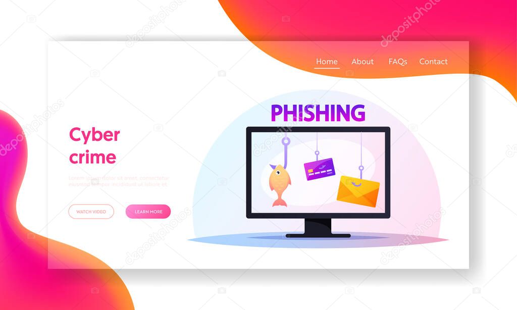 Scam, Fraud Activity Landing Page Template. Computer Monitor with Credit Cards Hanging on Hooks, Victims of Phishing