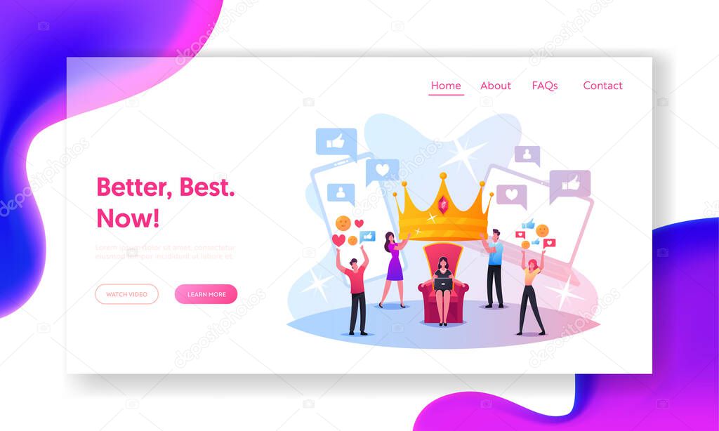 Hype, Popularity, Fame Landing Page Template. Tiny Characters Put Huge Royal Crown on Woman Head Sitting on Throne.
