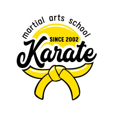 Beyaz Arkaplanda Kimono Kemeri ve Typography ile Karate Dövüş Sanatları Okulu Afişi veya Etiketi. Dövüş Kulübü Amblemi