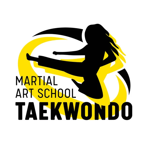 Taekwondo Martial Arts School Banner or Label with Fighter Jumping and Typography on White Background. Fighting Club — Stock Vector