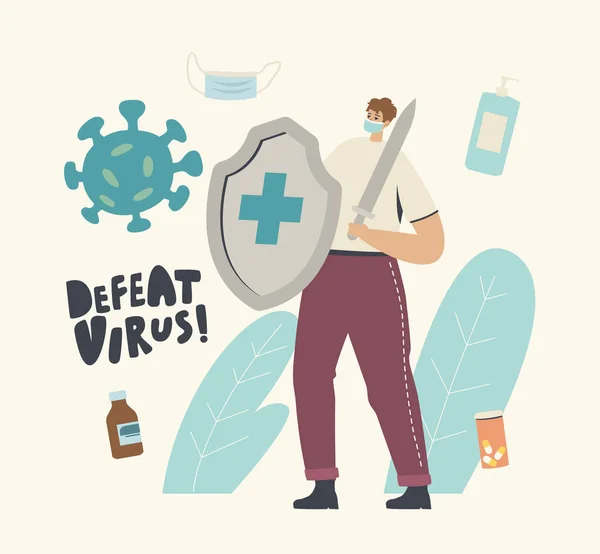 Epidemiyoloji ve Aşı Konsepti. Tıbbi Maskeli Küçük Erkek Karakteri Virüsü Korumak İçin Büyük Kalkan ve Kılıç Tutuyor — Stok Vektör