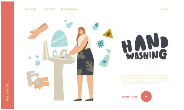Coronavirus Proteção Landing Page Template. Mulher personagem lavar as mãos no banheiro com desinfetante antibacteriano —  Vetores de Stock