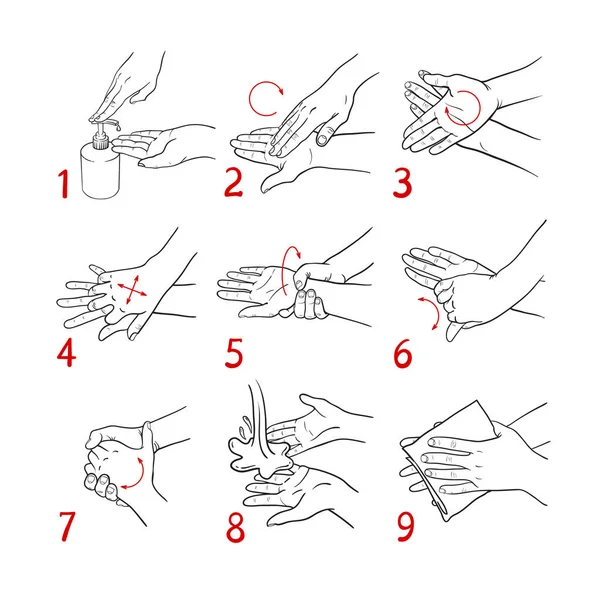 Instrucciones de lavado de manos Iconos en blanco y negro. Palmas y dedos pasos de limpieza. Procedimiento de higiene individual rutinario — Archivo Imágenes Vectoriales