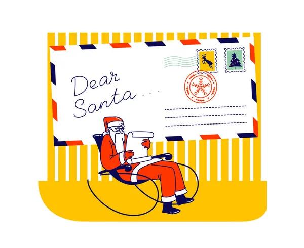 Babbo Natale personaggio in costume festivo rosso e cappello seduto in sedia a dondolo Lettere di lettura da bambini. — Vettoriale Stock