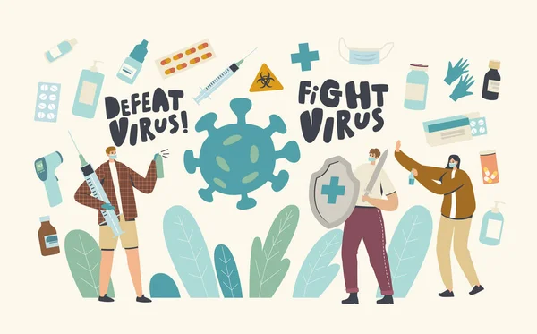 Characters Fighting with Virus. People Holding Shield and Syringe, Using Sanitizers Protecting from Contagious Infection — Stock Vector