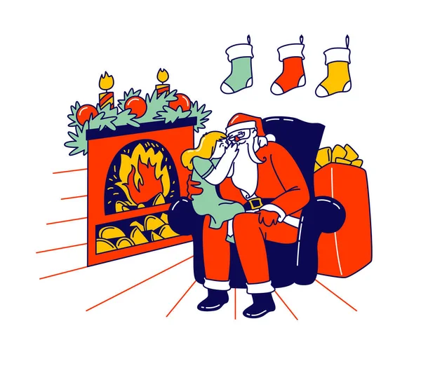 Bambina personaggio seduto sulle ginocchia di Babbo Natale al camino che sussurra nel suo orecchio Racconta segreti, festa di Natale — Vettoriale Stock