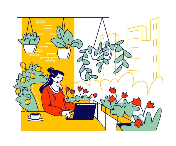 Relaxed Female Character in Comfortable Armchair Working on Laptop at House Balcony with Potted Plants or Flowers around — Stock Vector