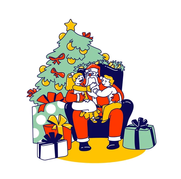Kleine Kinder, die auf den Knien des Weihnachtsmannes sitzen und ihm ins Ohr flüstern, erzählen, wie sie sich im Laufe des Jahres verhalten haben und erzählen Geheimnisse — Stockvektor