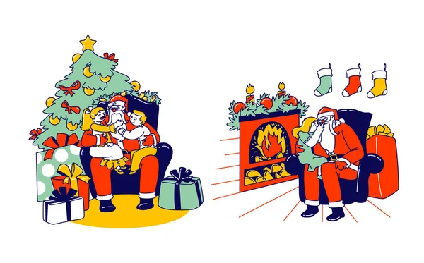 小孩坐在圣诞老人的膝头上低声说出他的耳语，透露他们喜欢得到的礼物 — 图库矢量图片