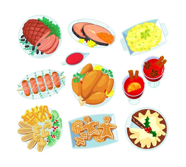 Set van Icons Kerst Gerechten Glühwein, Gebakken Vlees, Turkije of Kip en Rode Vis met Taart. Peperkoek Mannen Bakkerij — Stockvector