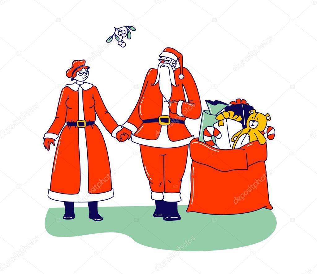 Mr and Mrs Claus Characters. Happy Santa and his Wife Holding Hands and Greeting under Mistletoe Branch with Gifts Bag