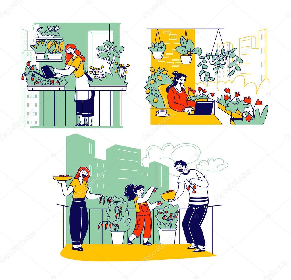 Characters Working on Balcony Garden. People Planting Vegetables, Flowers and Potted Plants Watering Soil, Harvesting