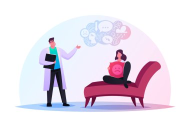 Depresyondaki Kadın Profesyonel Yardım için Psikolog Randevusu 'nda Koltukta Oturuyor. Doktor, Akıl Sağlığı Sorunu