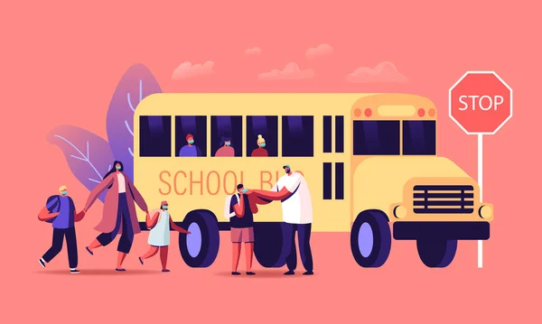 Персонажи провожают маленьких детей в школьный автобус, возвращаются в школу в Коронавирусе Пандемическом. Ученики в масках — стоковый вектор