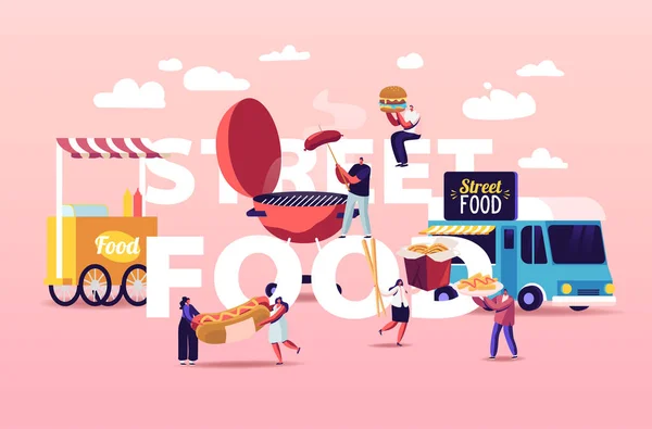 Personajes Comprar Street Food Concept. Gente pequeña con hamburguesa enorme de comida rápida, perro caliente con mostaza, papas fritas, Bbq — Vector de stock