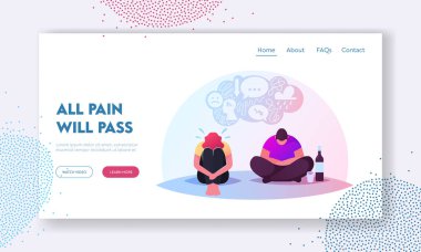 Depresyon, Bipolar Bozukluk, Alkol Bağımlılığı İniş Şablonu. Bunalımda Yerde Oturan Karakterler