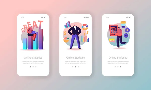 Statistieken Data Mobile App Page Onboard Screen Template. Zakelijke oplossingen met ontwikkelgrafieken, projectontwikkeling — Stockvector