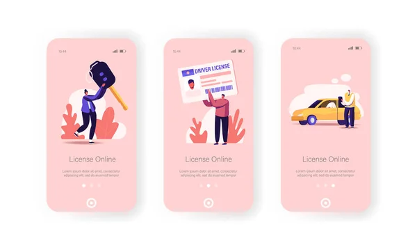 Modèle d'écran embarqué de page d'application mobile de permis de conduire. Les petites personnes étudient à l'école apprennent à conduire une voiture. Permission pour Auto — Image vectorielle