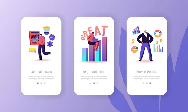 Business Mobile App Page Onboard Screen Template (dalam bahasa Inggris). Tiny People with Huge Office Stationery, Kalkulator, Proses Kerja - Stok Vektor