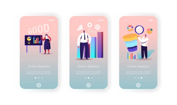 Statystyki firmy Mobile App Page Szablon ekranu pokładowego. Małe znaki na ekranie i wykres ogromnych danych, kanał sprzedaży — Wektor stockowy