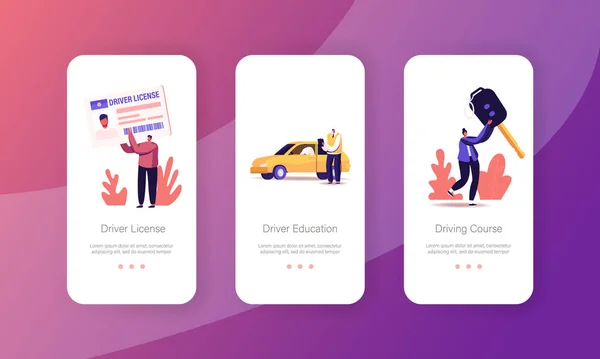 Personnes étudiant à l'école pour permis de conduire Page d'application mobile Modèle d'écran de bord. Personnages Apprendre à conduire une voiture — Image vectorielle