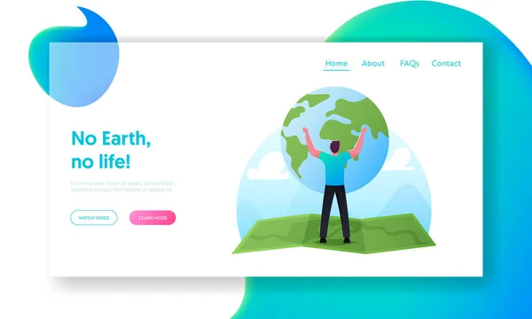 World in Hands Landing Page Template (en inglés). Hombre Caracter Stand en el enorme mapa verde que sostiene el globo terrestre. Ecología Conservación — Vector de stock