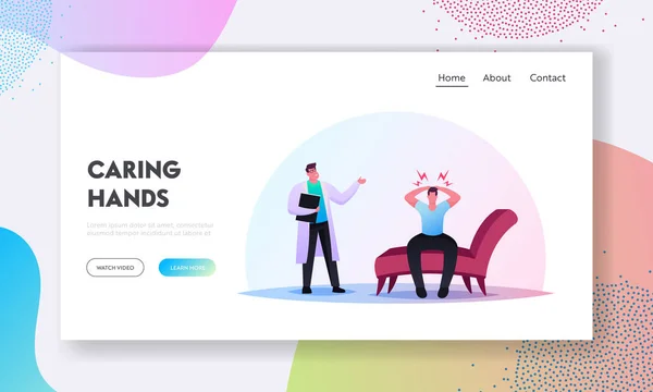Сеанс психіатра в психіатричній клініці Landing Page Template. Пацієнтський характер з депресією в психологічному кабінеті — стоковий вектор