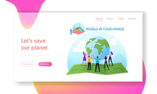 Πρότυπο σελίδας World in Hands Landing. Χαρακτήρες στέκονται σε κύκλο σε τεράστιο χάρτη κρατώντας Γη Globe. Προστασία της οικολογίας — Διανυσματικό Αρχείο