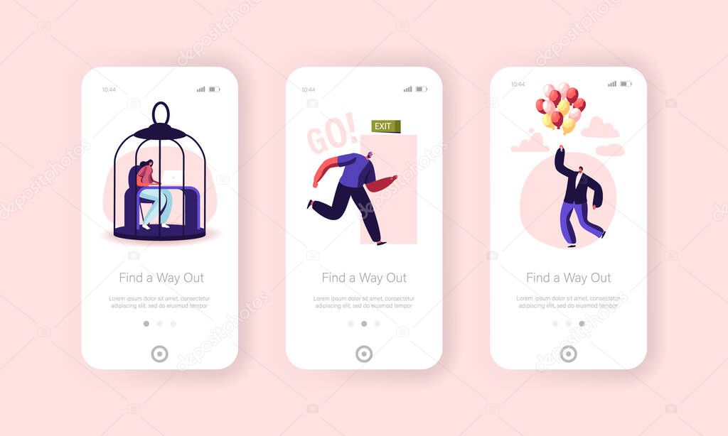 Characters Escape Home Isolation Mobile App Page Onboard Screen Template. People Leaving Cages, Run into Open Door Exit