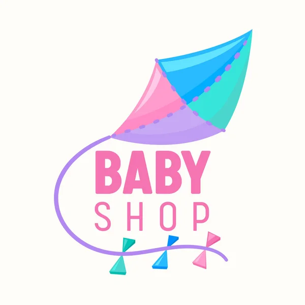 Banner Baby Shop con aquilone volante di colori rosa, blu e lilla. Etichetta per bambini, emblema per la produzione di giocattoli per bambini — Vettoriale Stock