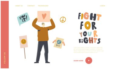 Banner Landing Page Şablonu ile Adam Protesto. Savaşa ve Seçime Karşı Sevgi İçin Savaşan Karakter