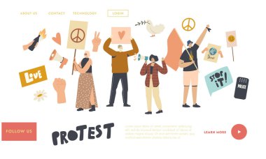 Eylemciler Riot ya da Picket Landing Page Şablonu 'nda Aşk ve Barış İçin Protesto Ediyor. Grevdeki Pankartlı İnsanları Protesto Etmek