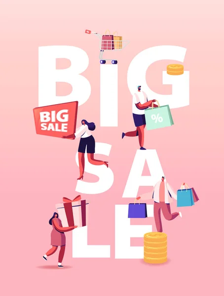 Big Sale Concept. Caractere Cumpărături la reduceri sezoniere. Shopaholics fericit cu cărucior plin de achiziții și alimente — Vector de stoc