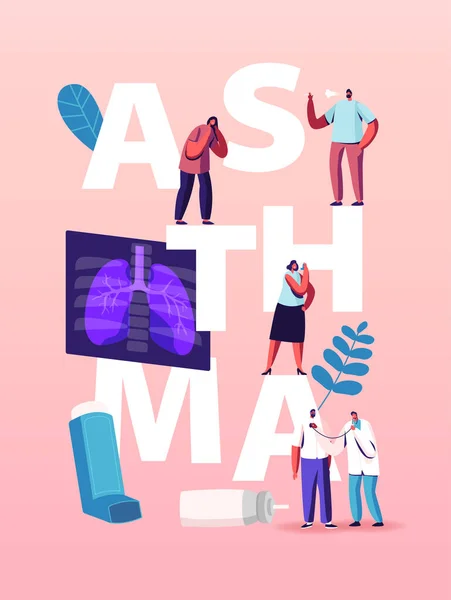 Pneumologia e Doença da Asma. Personagens minúsculos em pulmões enormes e inalador, exame do sistema respiratório e check-up — Vetor de Stock