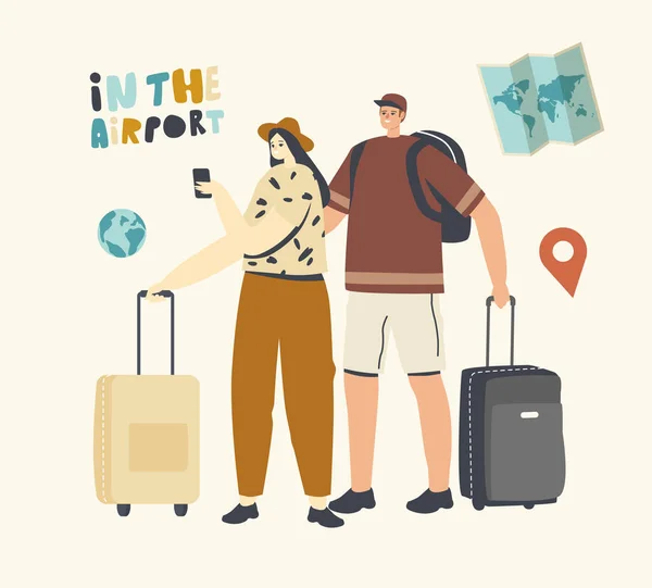 Persone Viaggio, donna e uomo d'affari in aeroporto. Personaggi dei viaggiatori maschili e femminili con imbarco bagagli in aereo — Vettoriale Stock
