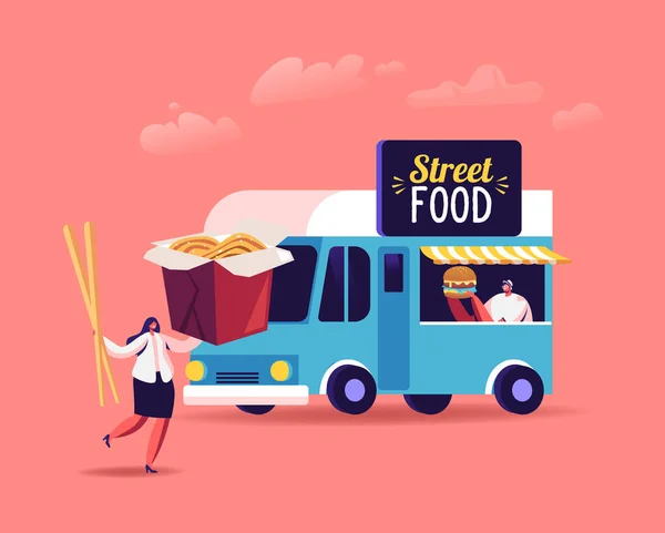 Figuren, die Street Food kaufen und essen, Junk Meals zum Mitnehmen vom Food Truck. Auto verkauft Burger und Wok-Nudeln — Stockvektor